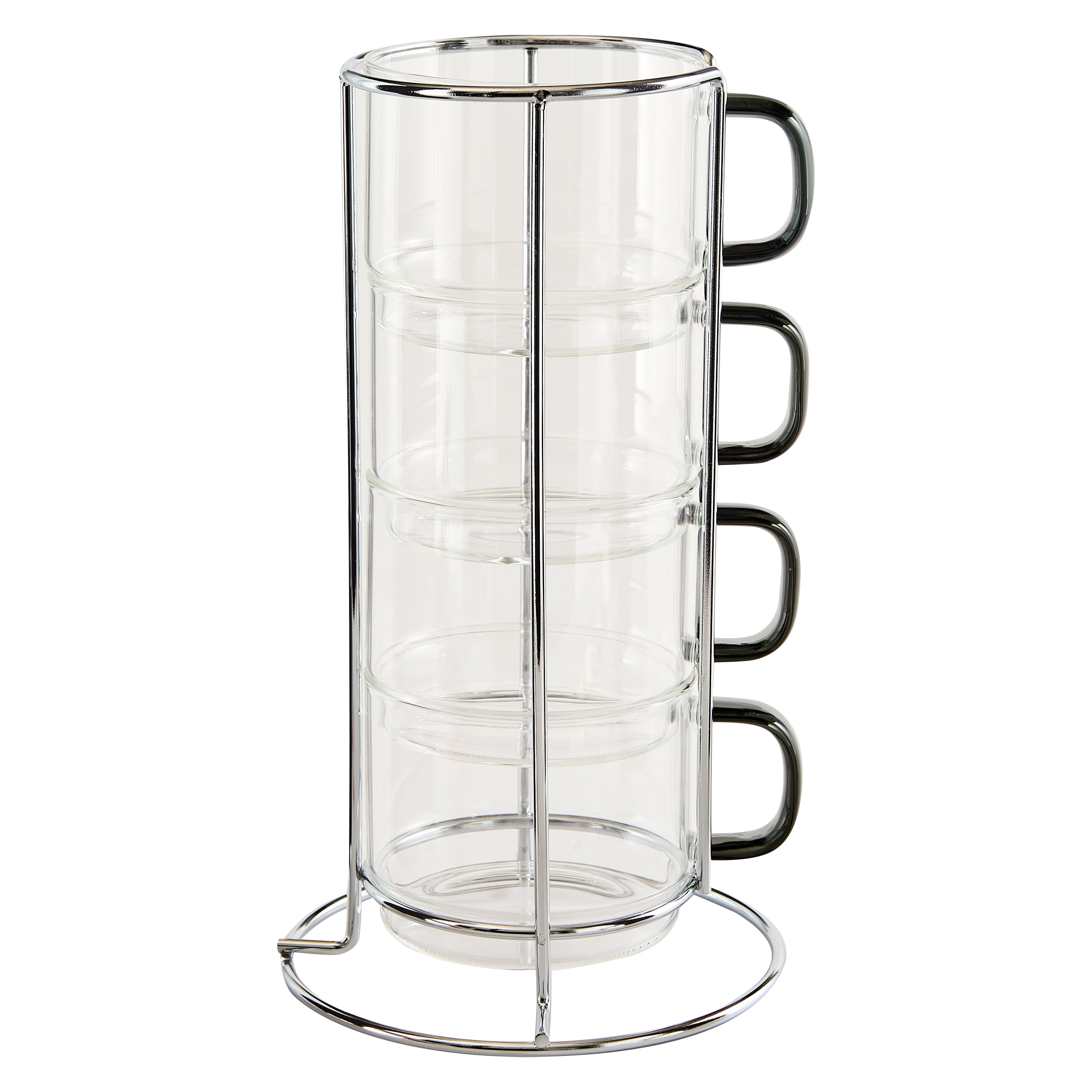 HomeTrends 4 pc stackable Glass mugs with silver metal stand