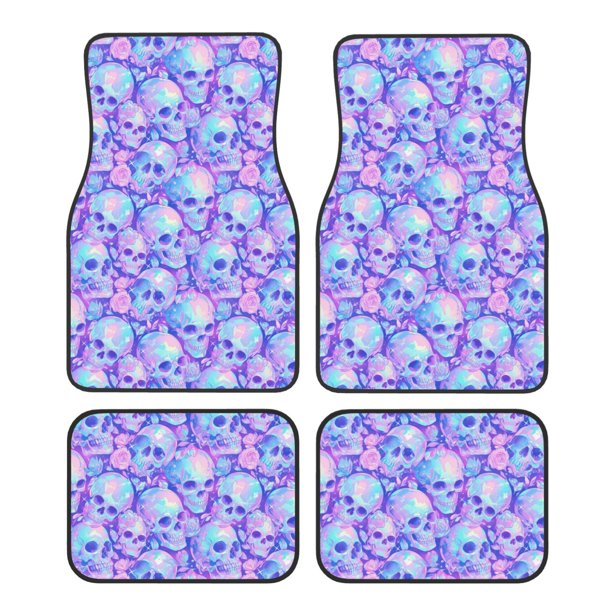 Fotbe Blue Skull Daisy Juego de 4 Tapetes para Auto con Estampado – Alfombrillas de Goma Reforzada, Diseño Antideslizante, Protección para Todo el Año – Vehículos, Autos, Camionetas y SUVs