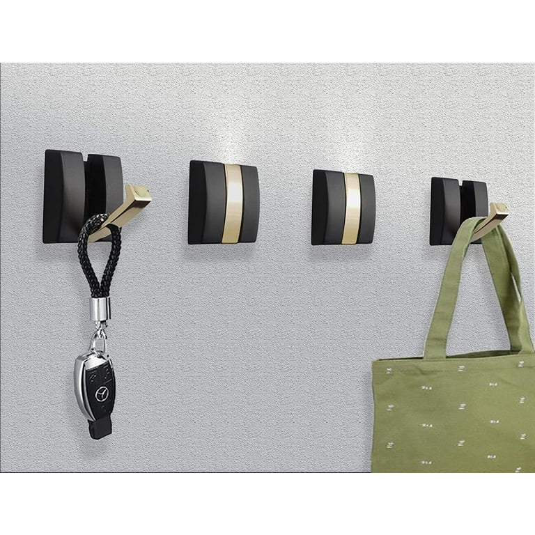 Folding Hideaway Coat Hooks - Space Aluminum Heavy Duty Wall Hooks - Retractable Hooks for Hanging Coat, Scarf, Hat, Bag, Towel, Key, Cup (Black/Gold