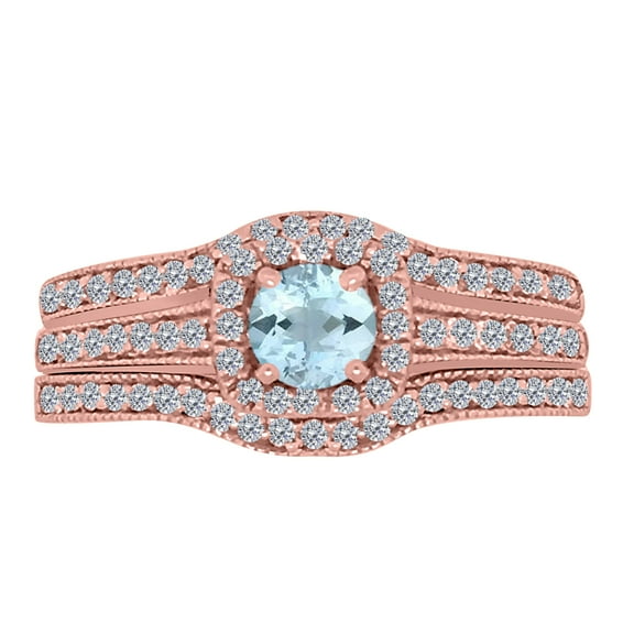 Aonejewelry Engagement Rings for Women 1.50 Carat Aquamarine Gemstone & Round White Diamond Trio Ring Set In 14K Rose, White & Yellow Gold