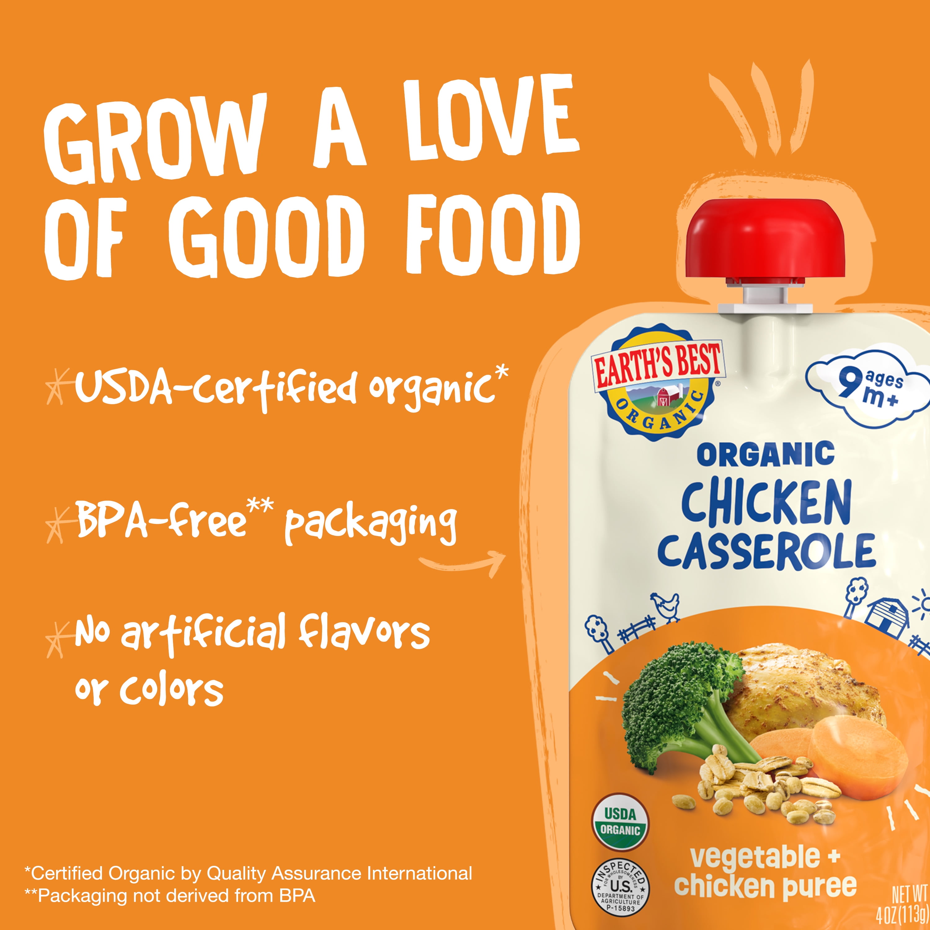 (3 pack) Earth's Best Organic Stage 3 Baby Food, Chicken Casserole Protein & Veggie Puree, 4 oz Pouch