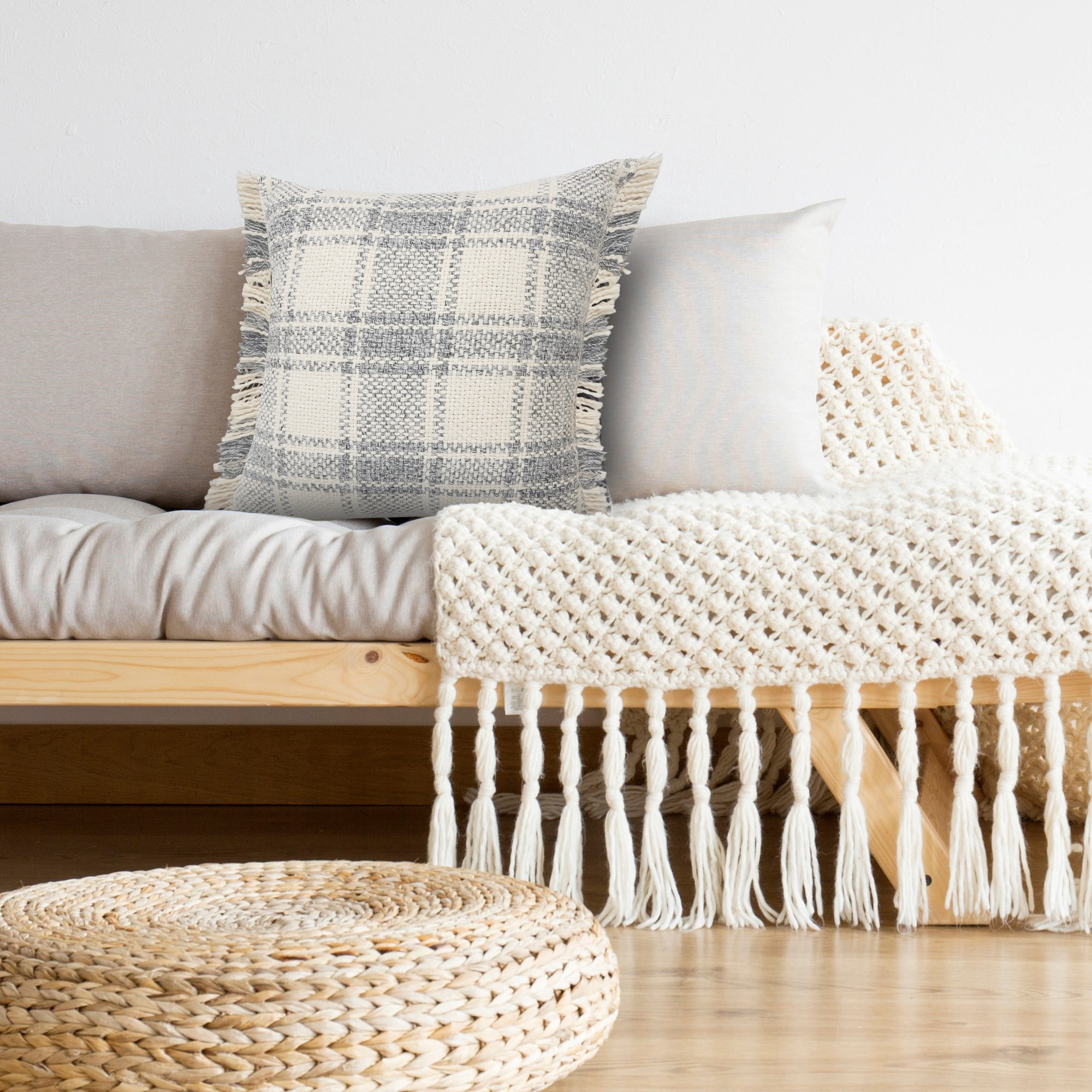 Laddha Home Designs Loomed Plaid Cotton Throw Pillow Cover - 20" - Gray and White