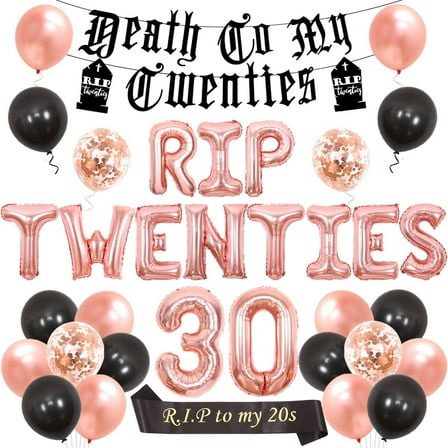 Rip Twenties 30th Birthday Party Decoration for Women Black and Rose Gold Balloon Garland Death to My Twenties Banner, Rip to My 20s Sash, Number 30 Foil Balloon for Funny Thirty Birthday