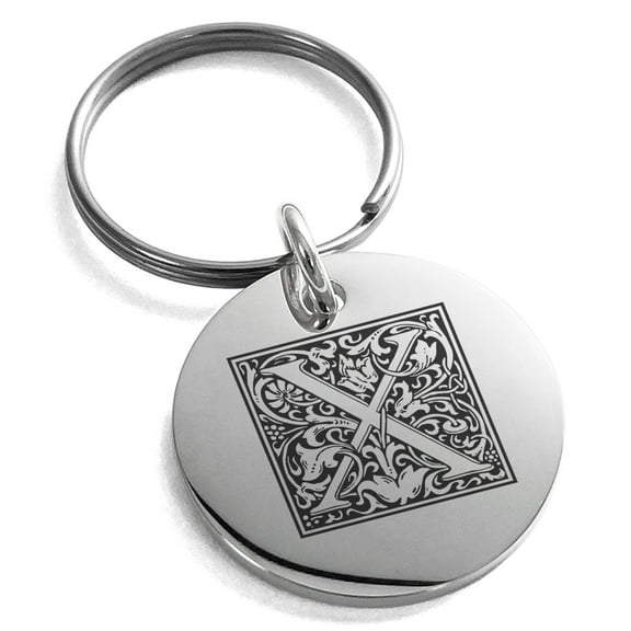 Stainless Steel Letter X Initial Floral Box Monogram Engraved Small Medallion Circle Charm Keychain Keyring