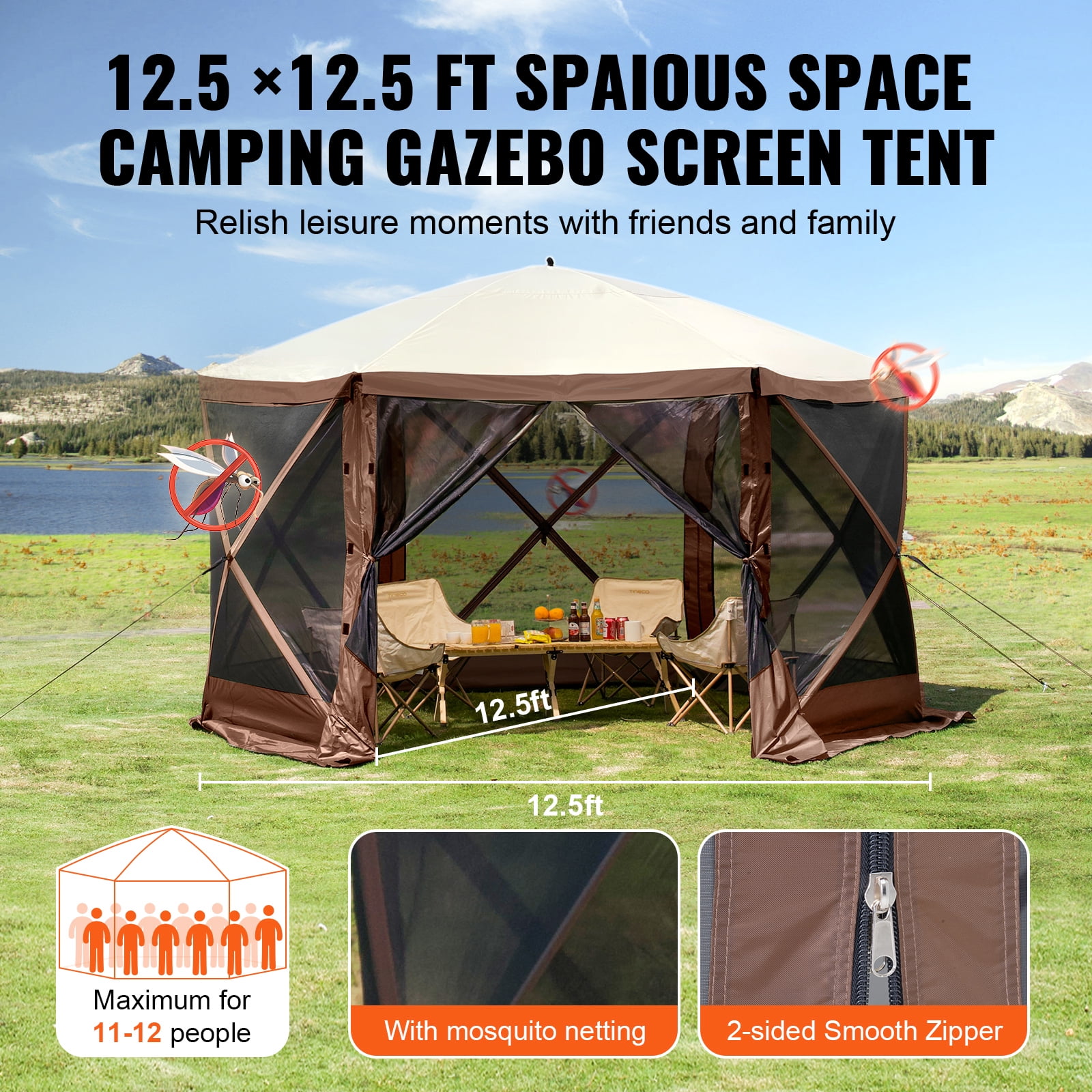 KFFKFF Pop-Up Gazebo Tent, 6-Sided Canopy Sun Shelter with Removable Privacy Panels & Mesh Windows, 12.5x12.5FT Quick Setup Screen Tent with Mosquito Netting, Brown