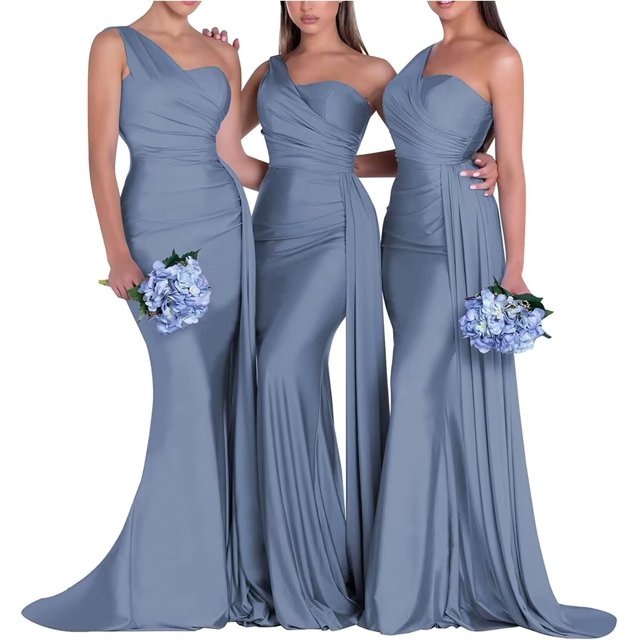 Vestido de dama de honor Rier con un solo hombro, satén, sirena, azul empolvado