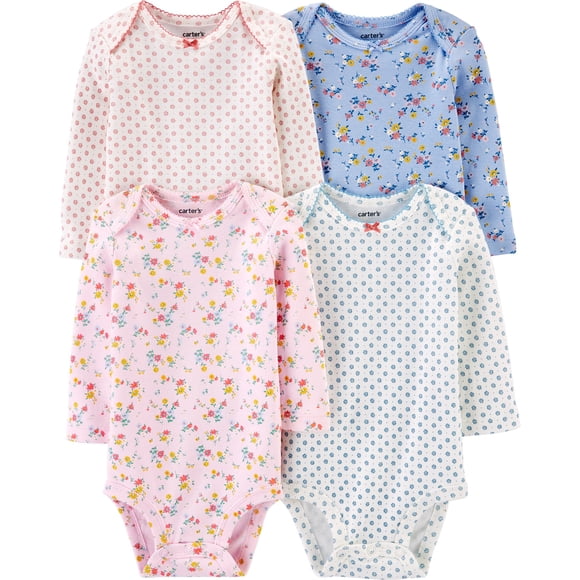 Carter's Baby Girls' 4 Pack Long Sleeve Bodysuits, Floral,12 Months