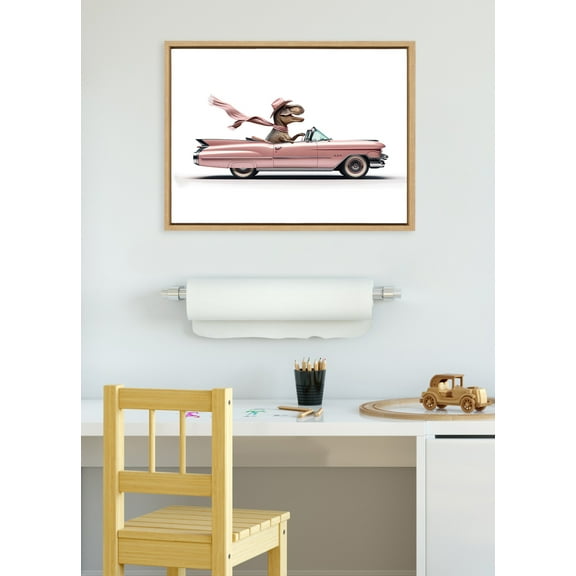 Kate and Laurel Sylvie Cowgirl Dino Driving 1950s Pink Cadillac Framed Canvas Wall Art by Saint and Sailor Studios, 18x24 Natural, Cute Toy Car Art for Wall