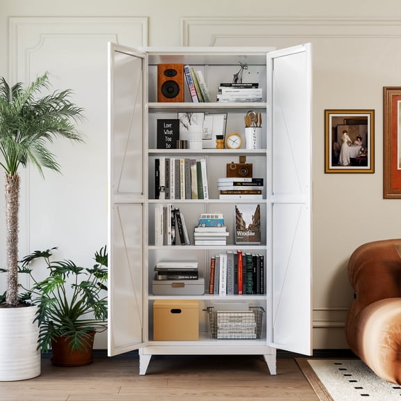 HUAXRON 75.3 Inches Tall Modern Metal Storage Cabinet Freestanding with 5 Adjustable Shelves for Office,Home,Garage,School,Warehouse, White,Assembly Required