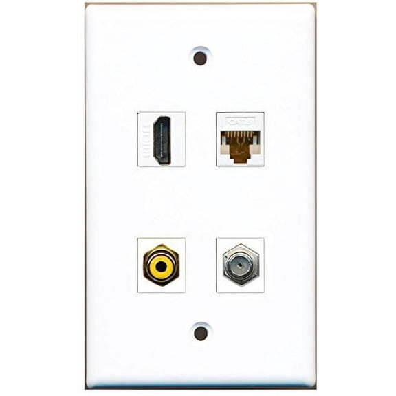 RiteAV - 1 Port HDMI 1 Port RCA Yellow 1 Port Coax Cable TV- F-Type 1 Port Cat6 Ethernet White Wall Plate