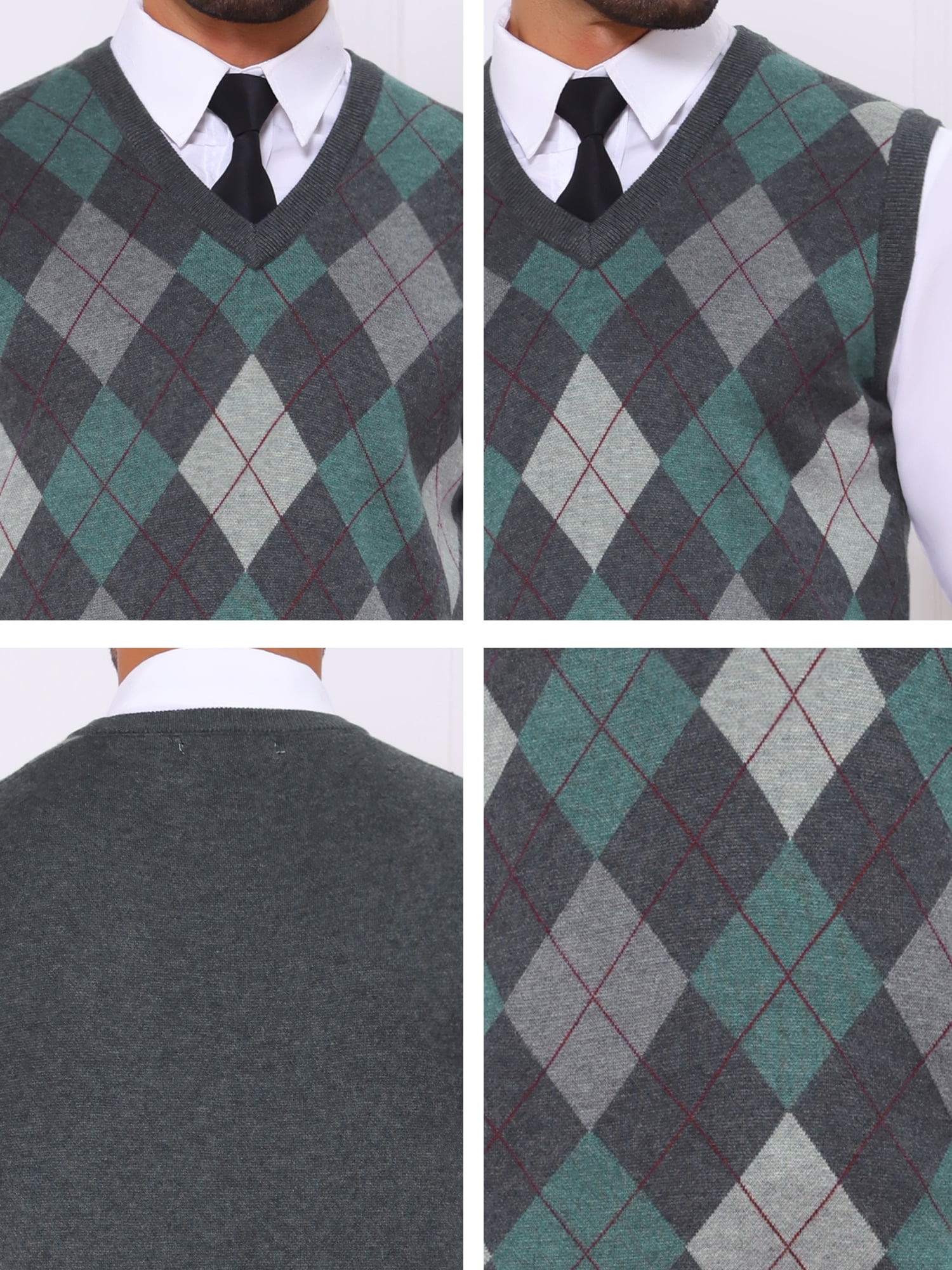 DARING DIVA Men's Casual Knit Sleeveless V-Neck Plaid Argyle Sweater Vest M Dark Gray