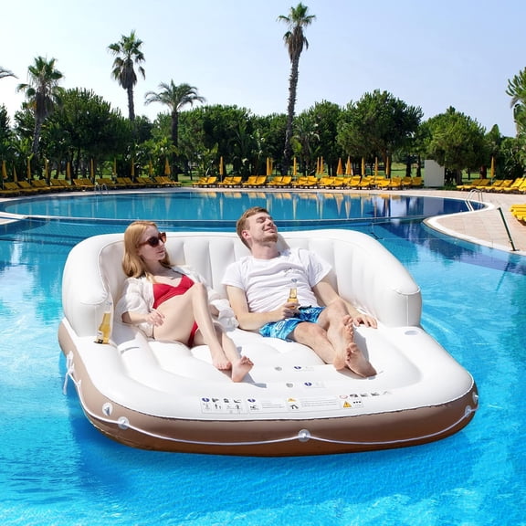 HYJY 2-3 Person Inflatable Pool Float, 71”x71” Giant Inflatable Island Bed with UPF50 Retractable Canopy & Built-in Cup Holder, Load 440LBS, Blow-up Floating Lounge Island for Pool Lake Beach