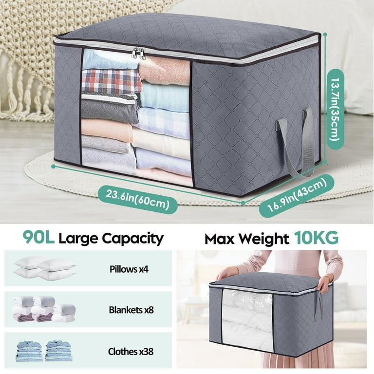 Clothes Storage Blanket Storage 90L, 6/8Pcs Storage Bags for Clothes, 3  Layer Fabric Foldable Closet Organizer and Storage Bag for Blankets  Beddings Pillows and Comforters, Reinforced Handle, Gray 