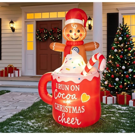 TTGIEET 6FT Inflatable Gingerbread Man in Hot Cocoa Mug with LED Lights – Outdoor Christmas Yard Decoration for Garden, Lawn & Holiday Parties