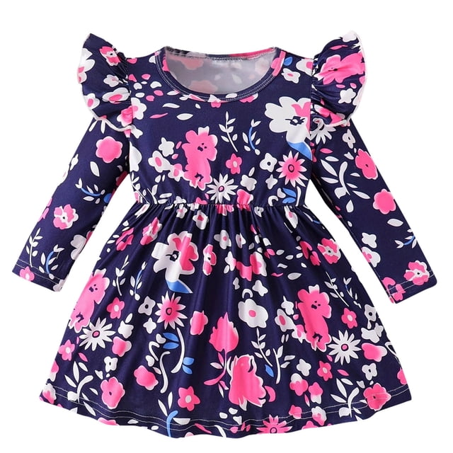 3M-3T Toddler Baby Girls Summer Dresses Ruffle Long Sleeve Dress Floral Pattern Round Neck Birthday Party Sundress Purple
