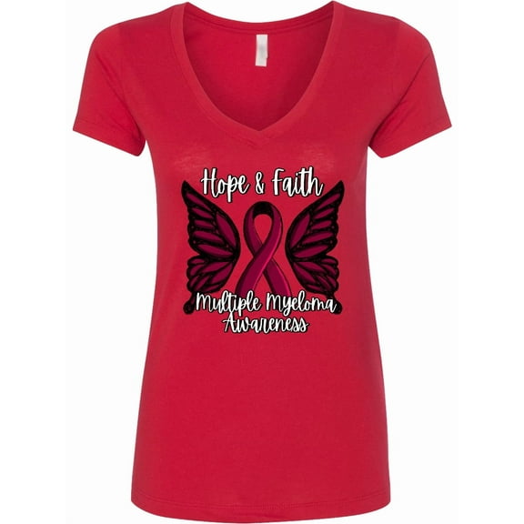 Inktastic Multiple Myeloma Cancer Awareness Hope & Faith with Butterfly Ribbon Women's V-Neck T-Shirt