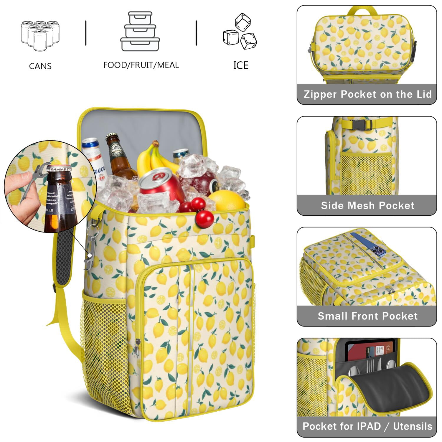 Travel Cooler Bag - Lemon Camping Beer Cooler Backpack with Bottle Opener- Waterproof Insulated Picnic Backpacks - Cooler Bag for Beach