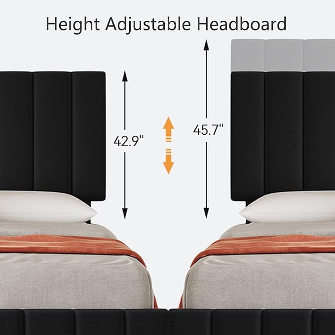 QUEEN Size Storage Bed Frame, Vertical Channel Tufted Adjustable Headboard, Linen Upholstered Platform Bed with 4 Oversized Underbed Drawers, Wooden Slats Support, No Box Spring Needed, Noise-Free