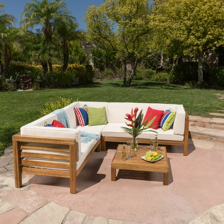 Argentine 4 Piece Outdoor Wooden Sectional Set with Cushions, Teak Finish,