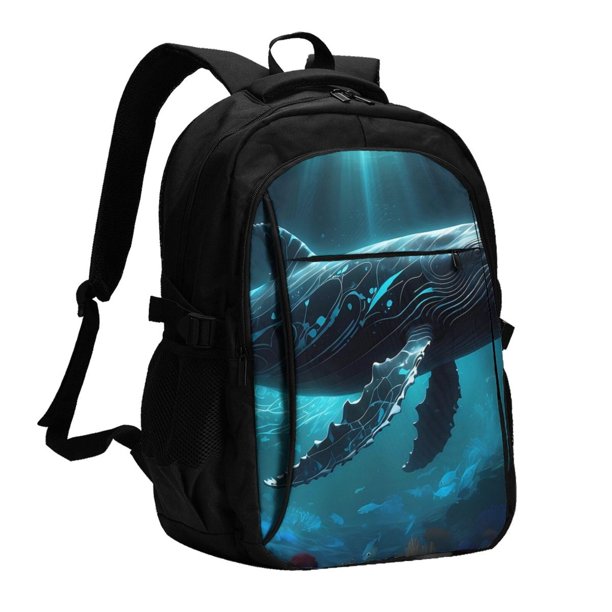 Balery Vintage Blue Pattern Whale Mochila con carga USB para hombre y mujer - Mochila impermeable y antirrobo para laptop con puerto USB para viajes, trabajo