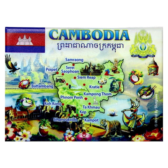 Cambodia Graphic Map and Attractions Souvenir Fridge Magnet 2.5" X 3.5"