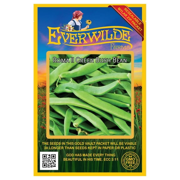 Everwilde Farms - 100 Roma II Green Bush Bean Seeds - Gold Vault Jumbo Bulk Seed Packet