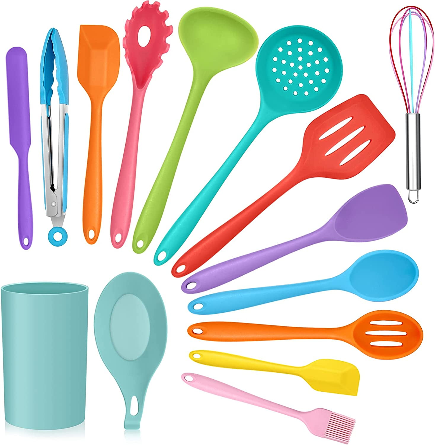 VeSteel 15 Piece Cooking Kitchen Utensils Set Holder Silicone Tools Stainless Steel Handle Slotted Spatula Spoon Turner Tong Whisk Brush Cooking Red