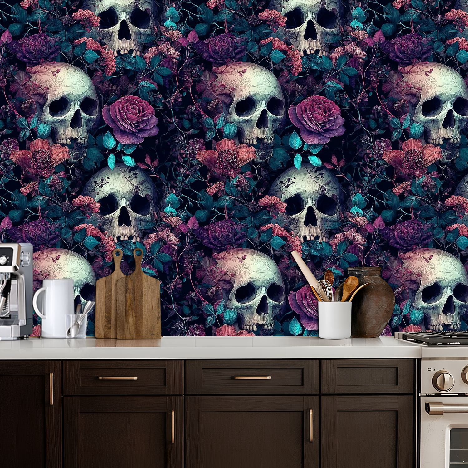 Vintage Peel and Stick Wallpaper 17.7in x 9.8ft Skulls Vibrant Floral Roses Leaves Contact Paper Vinyl Self-Adhesive Removable Wall Paper for Bedroom Kitchen Cabinet Décor Renter Friendly