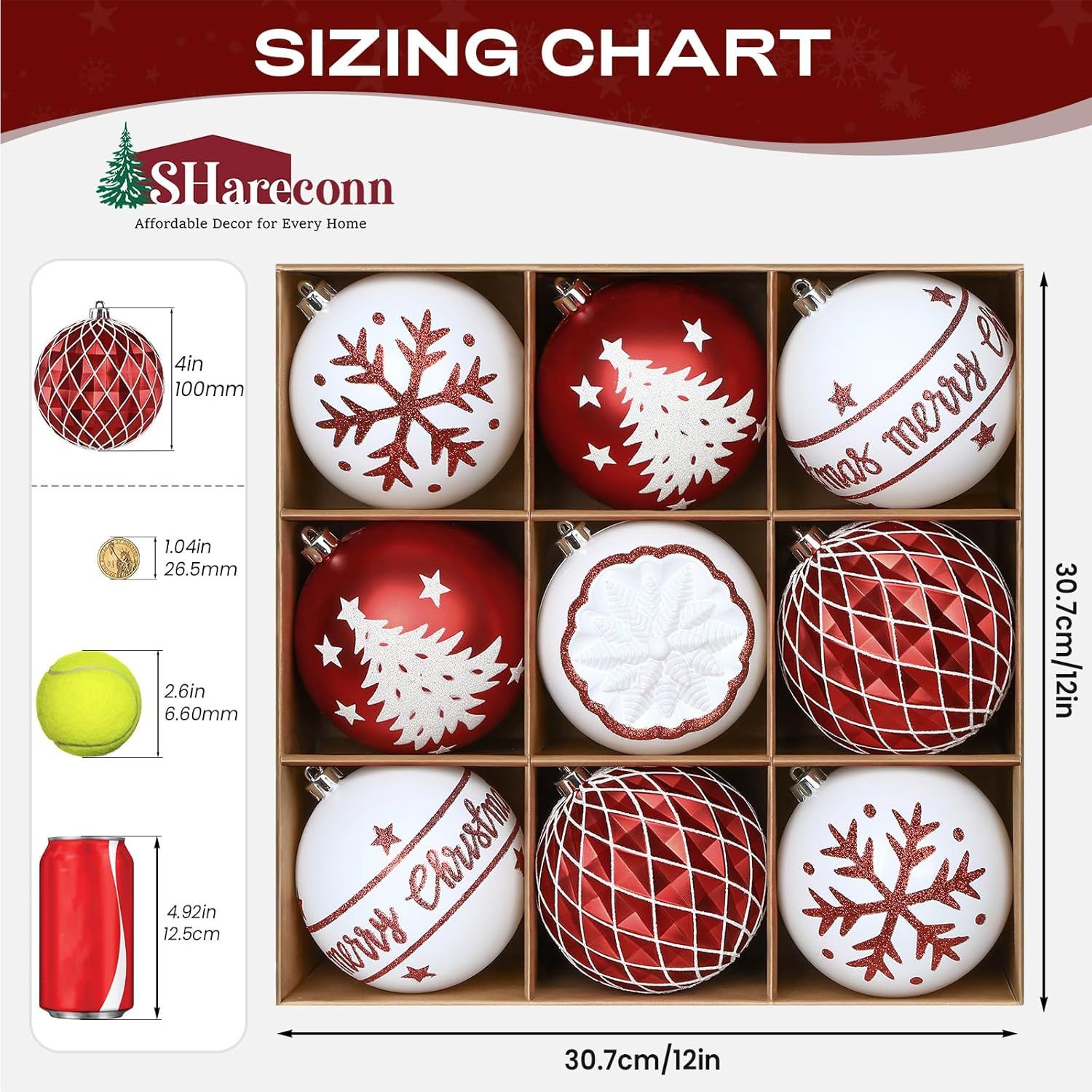 100MM/4 Inch 9PCS Large Christmas Balls Ornaments, Shatterproof Plastic Hanging Big Baubles Set for Xmas Tree Decoration Holiday Party Wedding Decorations with Hook
