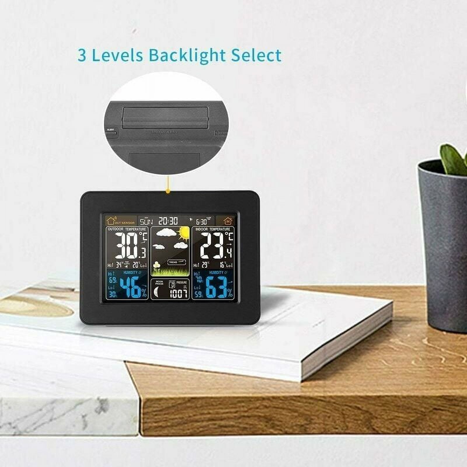 Wireless Weather Station With Alarm And Temperature/Humidity/Barometer/Alarm/Lunar/Weather Clock With Outdoor Sensor Digital Color Display Pt3365