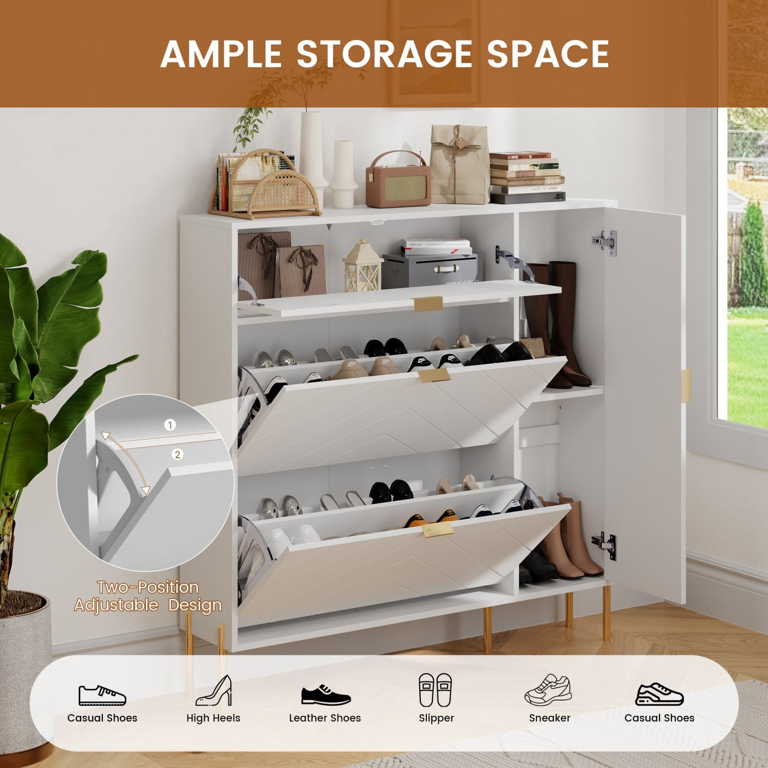 MDF Shoe Storage Cabinet with Flip Drawers & Adjustable Shelves, Modern Entryway Shoe Organizer Cabinet, White