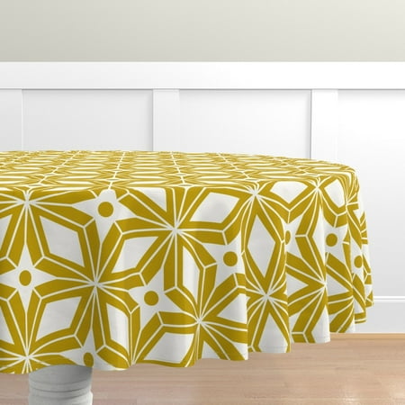 

Cotton Sateen Tablecloth 90 Round - Midcentury Modern Geometric Gold Geo Retro Star Vintage Mod Mustard Yellow Diamond Abstract Print Custom Table Linens by Spoonflower