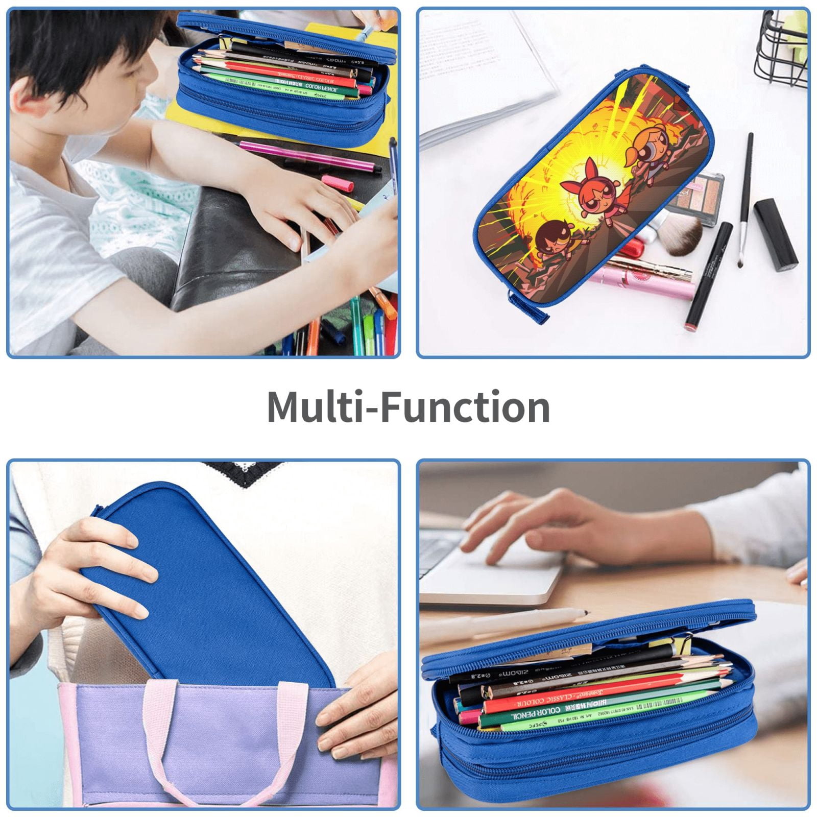 The Powerpuff Gi-rls Pencil Case Large Capacity Pencil Pouch Penbag Office Stationery Organizer Travel Makeup Bag Blue