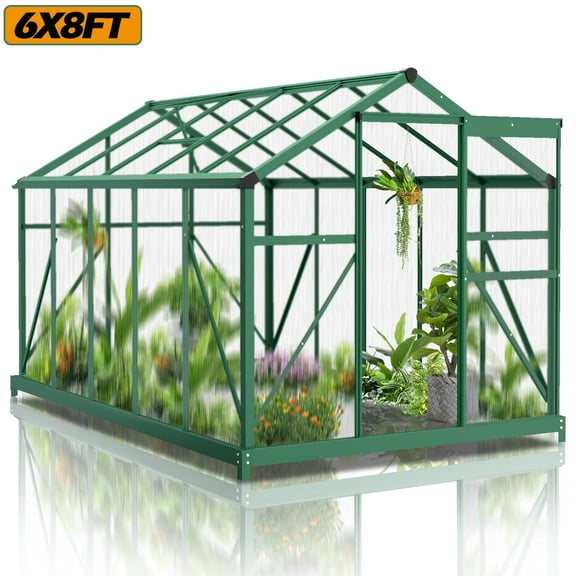 Outdoor Greenhouse, Seizeen Polycarbonate Walk-in Green house w/Aluminum Farm, Heavy Duty Garden Greenhouse with Window & Sliding Door, 6x8 FT Large Size