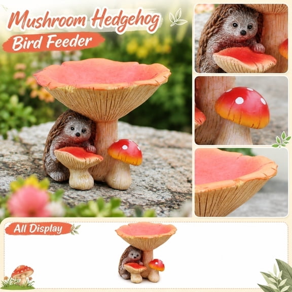 Hedgehog Garden Ornament with Mushroom Design and Pink Feeding Tray – Hand-Painted Outdoor Bird Feeder for Patios, Balconies, Window Sills, Shelves