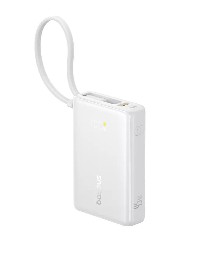 Baseus 10000mAh Power Bank,45W Portable Charger with Built-in USB-C Cable 3-Output LED Display, Fast Charging External Battery Pack Picogo Powerbank, White