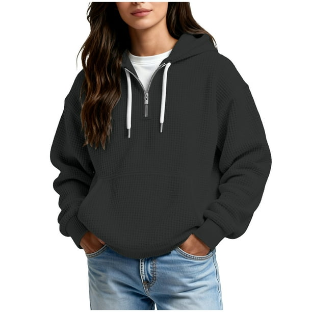 Ounisa Womens Hoodies Casual Long Sleeve Drawstring Waffle Pullover Tops Loose Hooded Sweatshirt with Pocket