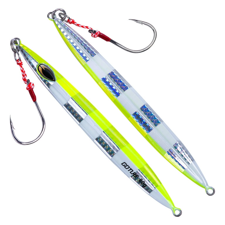 New pattern Goture Glow Slow Pitch Jigs , Double Assist Hook Fishing Jig  Lead Saltwater Jigging Lures for Tuna, Dogtooth Tuna, Yellowtail, Kingfish,  Bluefin-3Weights(80g/100g/150g) &3Colors 