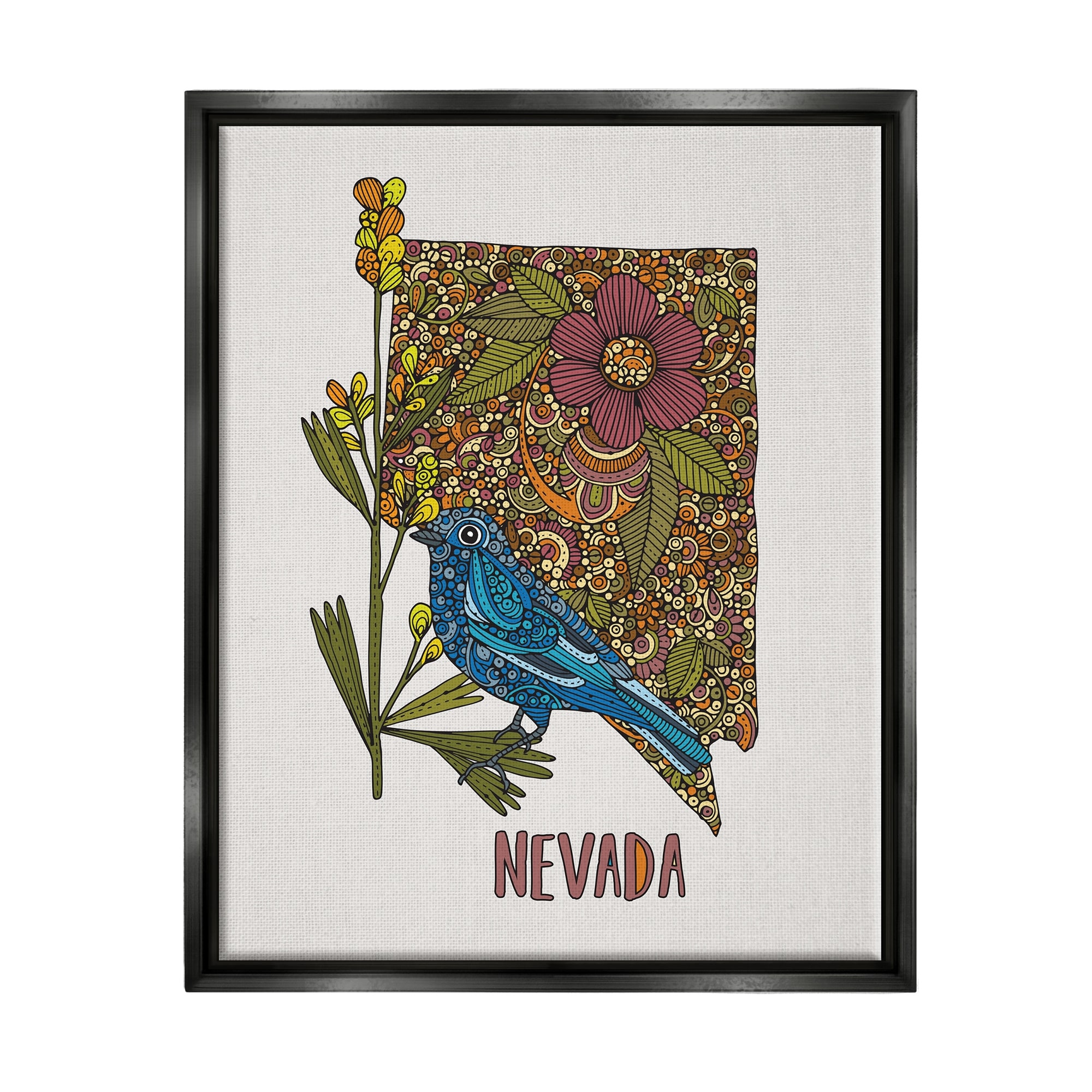 Stupell Industries Nevada Bluebird State Flower Intricate Botanical Pattern Graphic Art Jet Black Floating Framed Canvas Print Wall Art, Design by Valentina Harper
