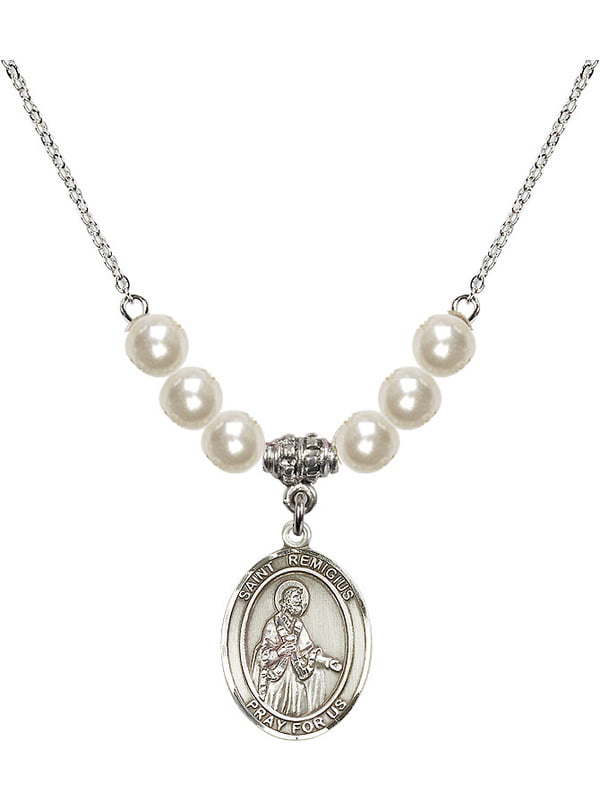 18-Inch Rhodium Plated Necklace with 4mm Faux-Pearl Beads and Sterling Silver Saint Remigius of Reims Charm.