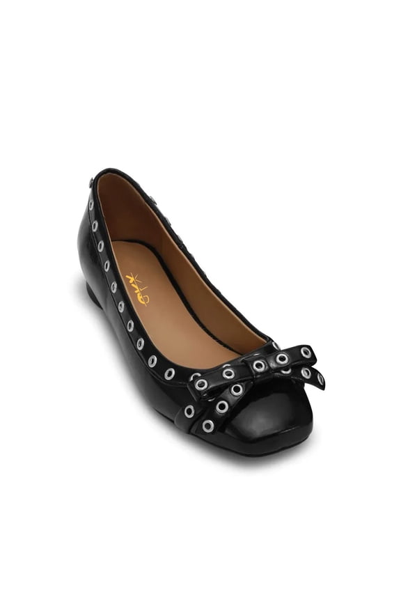 Women Rounded Square Toe Ballet Flats Metal Studs Bowknot Daily Work Comfy Slip-ons Shoes Size 9.5 Black
