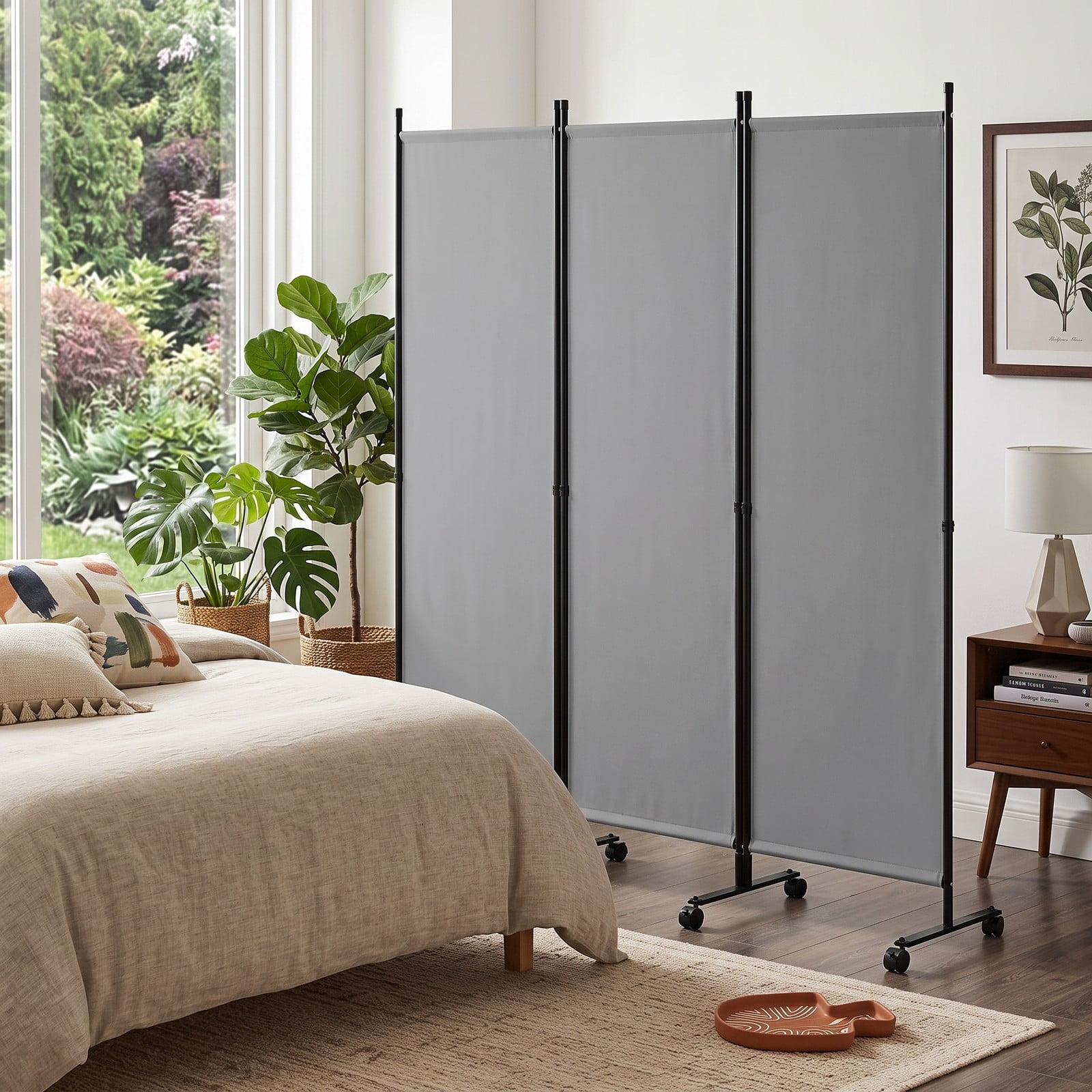 ALPULON 4-Panel Room Divider Freestanding Privacy Screen with 10 Lockable Wheels, Foldable Polyester Fabric Partition with Heavy-Duty Metal Frame for Living Room, Gray