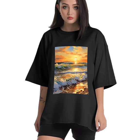 Plus Size Shirt for Women Black Tops for Women Short Sleeves Shirt for Women Sea Wave T Shirt Crewneck Shirt for Women XS