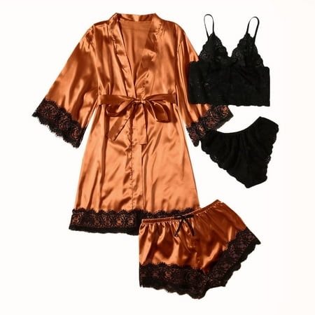 

Women s Satin Pajama Set 4pcs Floral Lace Trim Cami Top Lingerie Sleepwear with Robe PJs Sets for Women