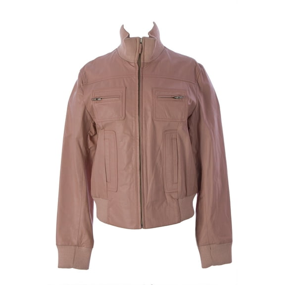 Luciano Abitboul Women's Funnel Collar Leather Moto Jacket Sz Large Pink