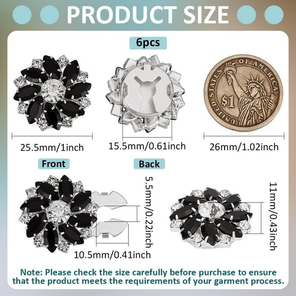 6 Pcs Women's Rhinestone Button Cover Black Cufflinks Button Cover 1 inch Diameter Flower Shape Detachable Alloy Snap Button Clips Buttons Jewelry for Clothes Shirt Decoration