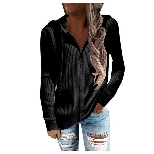 Cárdigan con cremallera y capucha de manga larga para mujer - Cordón, color liso, informal para otoño-invierno