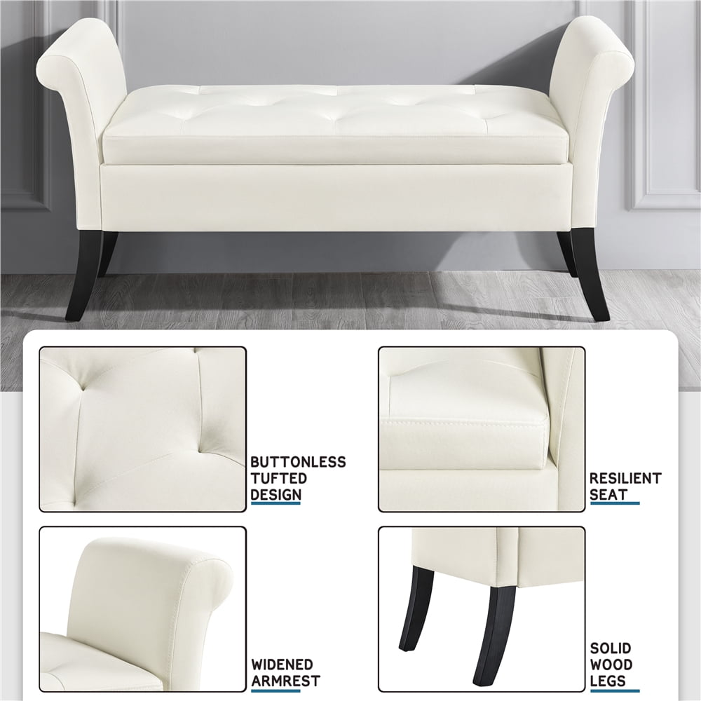 Alden Design Modern Fabric Tufted Storage Bench with Rolled Arms for Livingroom, Fresh White