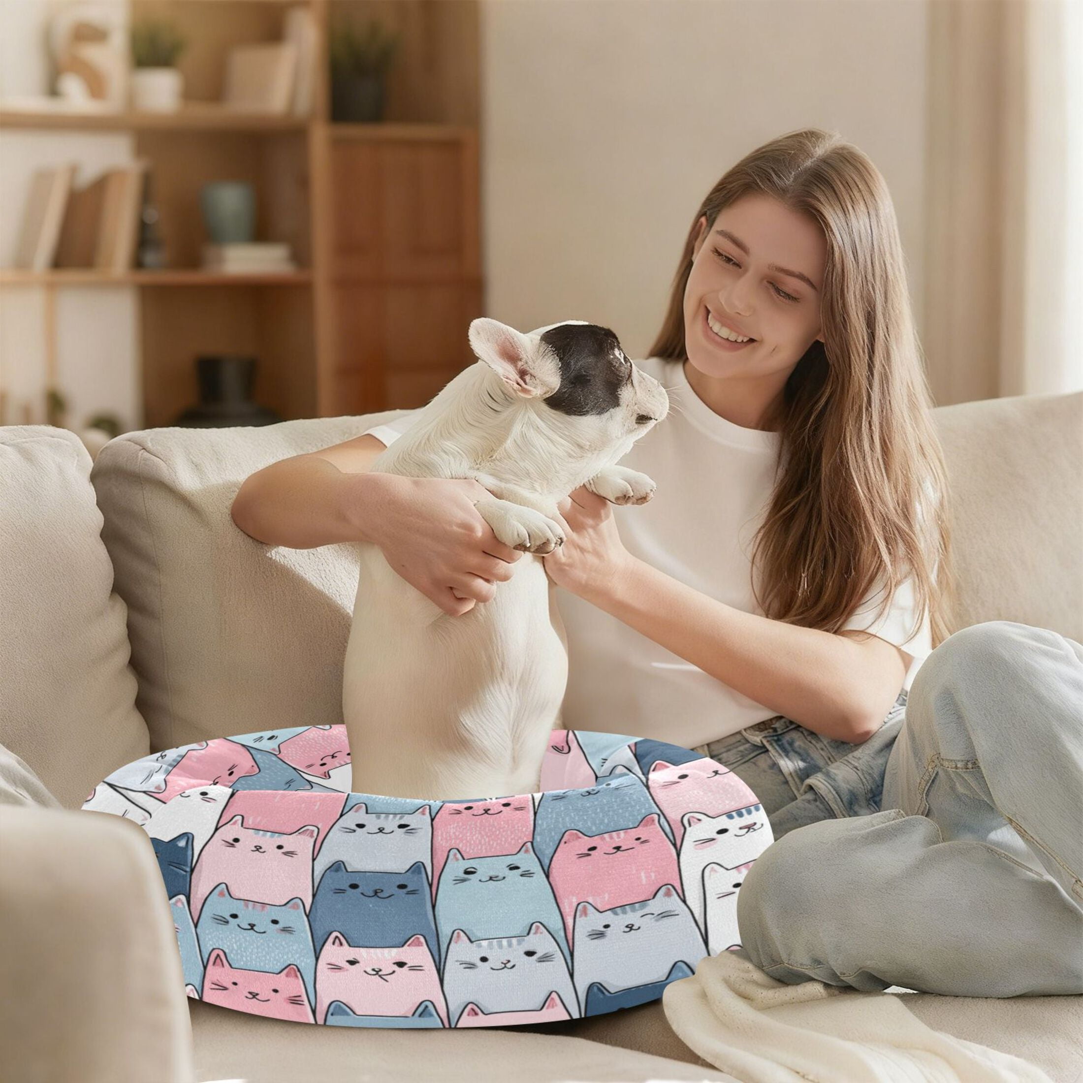 Iauyy Pet Couch Donut Cat Bed for Indoor Cats/Small Dogs Washable & Machine with Non-slip Bottom Calming Cat Furniture, Simple Sketch Of A Cat (S)