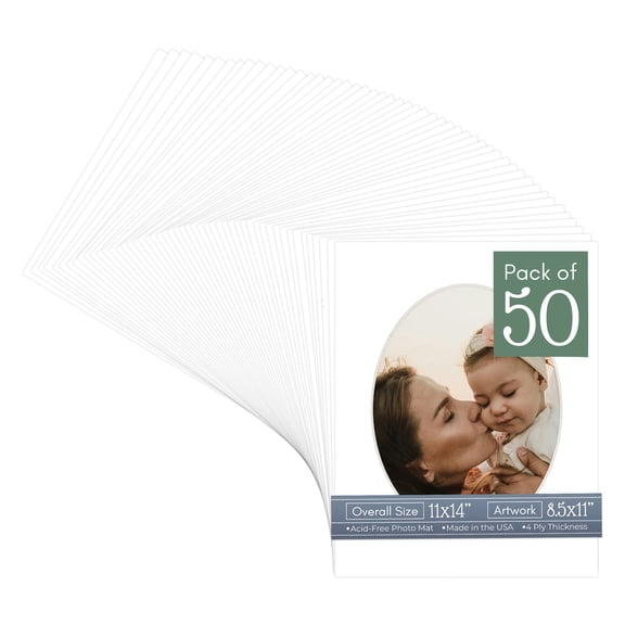 White Picture Frame Mat for 11x14 Frames - Oval Opening for 8.5x11 Photos - 50 Mats